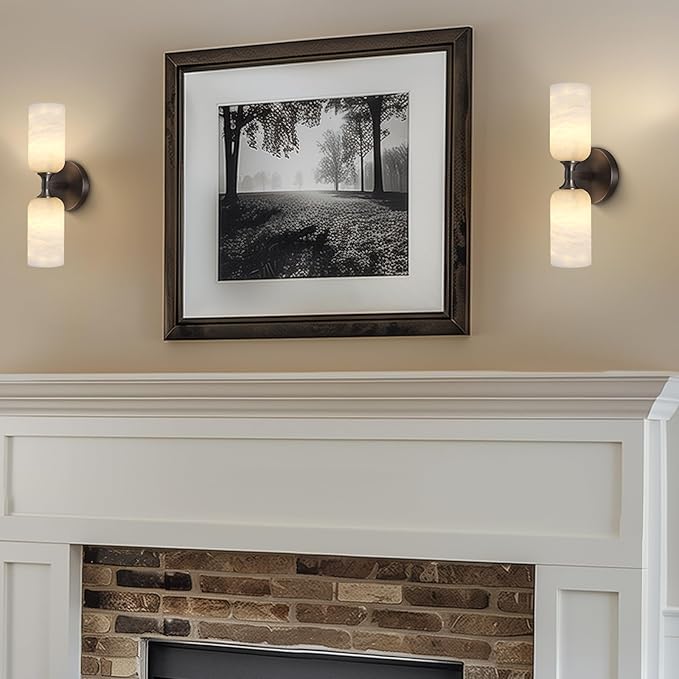 Alabaster Wall Sconce 14in Antique Brass Sconces Wall Lighting, Imported Alabaster Modern Marble Bathroom Vanity Sconces, Black Sconce Wall Decor, For Bedroom Living Room Staircases Hallway Foyer - Bloomnest