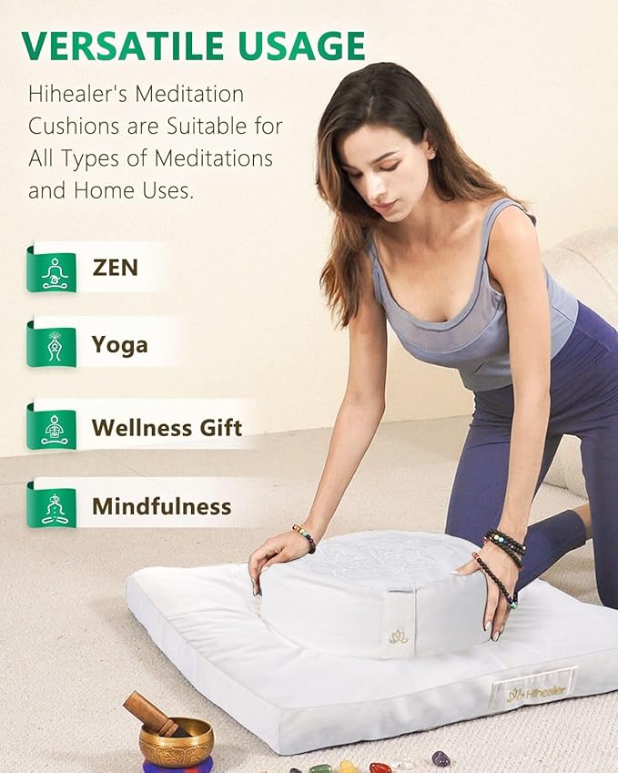 Hihealer Meditation Cushion Set Large Cotton Floor Pillow & Traditional Tibetan Yoga Bolster for Adults Zafu Meditation Mat with Buckwheat Filling (Pure White) - Bloomnest