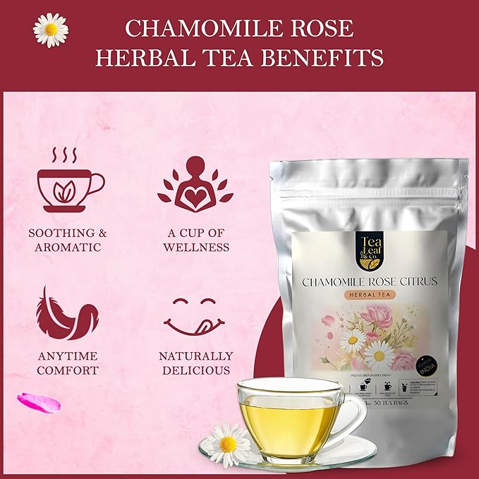 Tealeaf & Co. Chamomile Rose Citrus Herbal Tea Bags - Organic Chamomile Tea Bags with Rose Petals, Orange Peel, Lemon Grass, Hibiscus & Mint Leaves - Low Caffeine - Gluten Free - 50 Teabags - Bloomnest