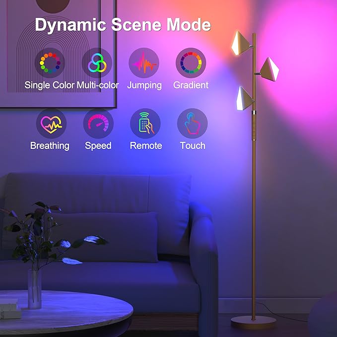 PARTPHONER RGB Tree Floor Lamp for Living Room, Stepless Dimmable Tall Standing Lamp with Remote, Touch Control and 3 Rotatable Light, Bright LED Lights for Bedroom with 4 Color-Changing, Gold - Bloomnest