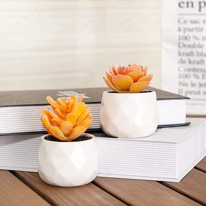 Tiita Artificial Faux Succulents in Pots, Mini Orange Fake Plants for Women Desk, Small Realistic Faux Succulents for Home Office Accessories Window Sill Bathroom Bedroom 4 Set, Orange - Bloomnest