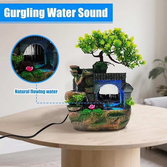 Tabletop Waterfall Fountain – 11 in Rockery Humidifier with Color-Changing LED Light, Adjustable Pump & Faux Bonsai Tree, Resin Indoor Desk Fountain Décor for Bedroom, Office, Aquarium, Meditation