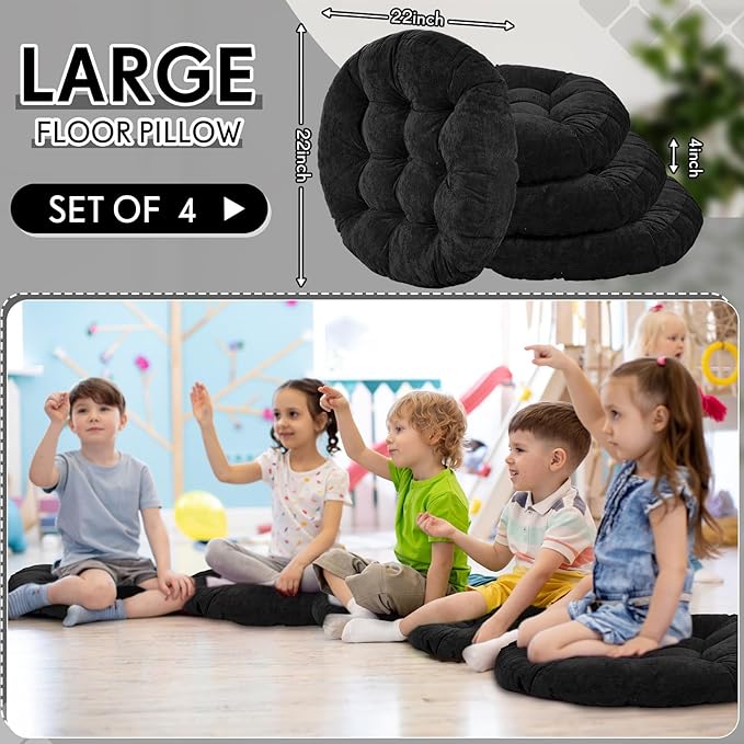 Jerify Floor Pillow Cushions 22 x 22 Inch Round Square Large Meditation Floor Pillow for Classroom Adult Meditation Picnic Party Cushion for Seating Gift Christmas(Round,Black,4 Pcs) - Bloomnest