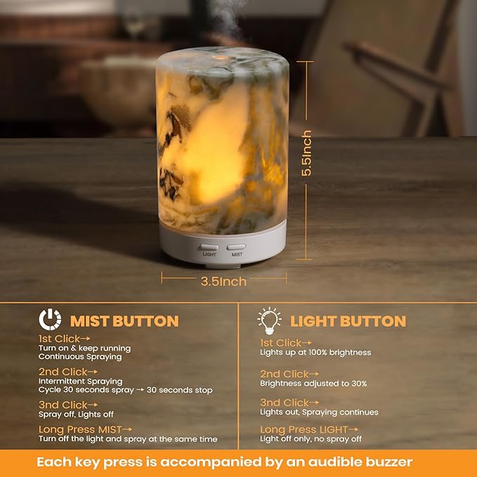 Koville 110ML Marble Essential Oil Diffuser - Ultrasonic Aromatherapy & Humidifier with 2-Color LED Lights, Decorative Marble Aromatherapy Diffuser, Auto Shut-Off, Scent for Home, Office, Yoga, Spa