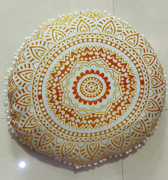INDIAN CRAFT CASTLE 24" Yellow Ombre Mandala Barmeri Large Floor Pillow Cover Cushion Meditation Seating Ottoman Throw Cover Hippie Decorative Zipped Bohemian Pouf Ottoman Pom Pom Cases 24" Round - Bloomnest