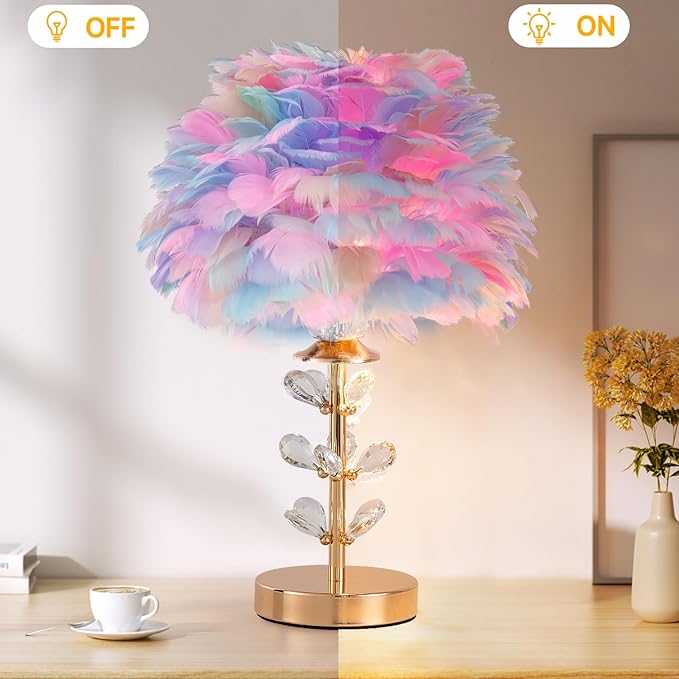 Colorful Feather Lamp Romantic Bedside Nightstand Lamp Creative FfluffyTable Lamp Modern Furry Desk Light for Princess Girls Bedroom Living Room Wedding Christmas Gift Deco Entry Office - Bloomnest