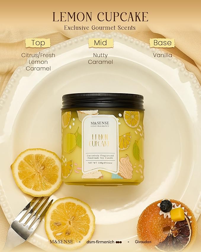 M&SENSE Lemon Vanilla Cupcake Scented Candle, 11.6oz Natural Soy Wax, 70 Hours Long Lasting Clean Burn, Citrus Vanilla Scents for Kitchen Freshness, Holiday Gifts for Women Men, Warm Home Decor - Bloomnest