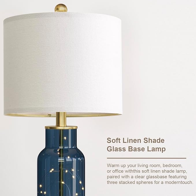 Oneach 22" Glass Table Lamps Set of 2, Blue Modern Bedside Lamp with LED Night Light for Living Room, Nightstand Lamp with USB Ports for Bedrooms, Study Room, End Table(2 Bulbs Included) - Bloomnest