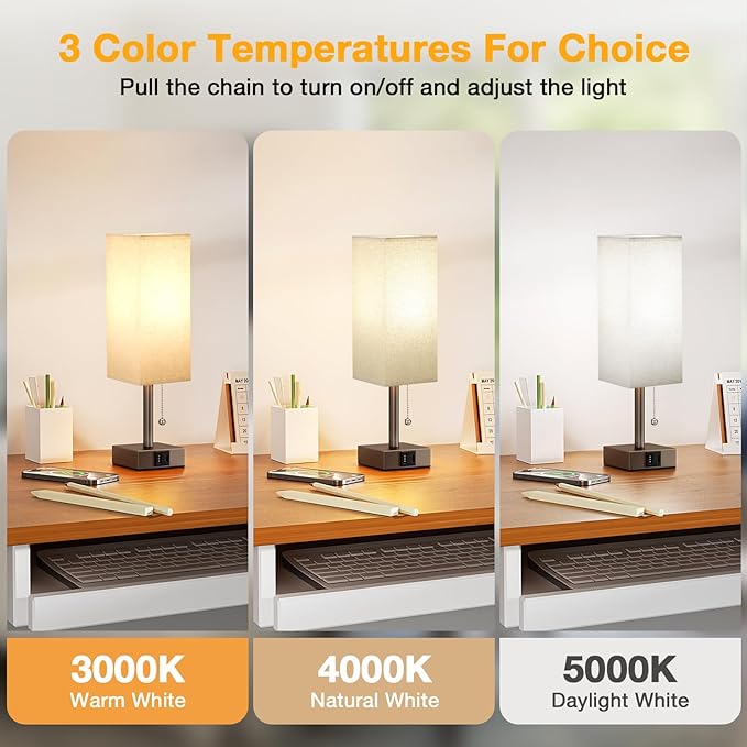 aooshine Beige Small Table Lamp for Bedroom - 3 Color Temperature 3000K 5000K 4000K Bedside Lamp, Pull Chain Control, USB A and C Ports, Brown Base, Bulb Included - Bloomnest