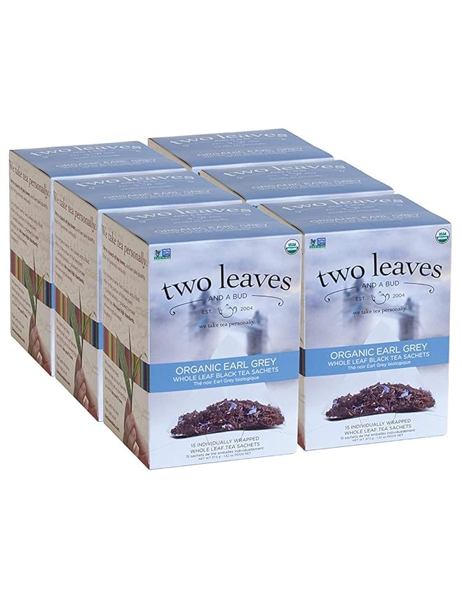 Two Leaves and a Bud Organic Earl Grey Tea Bags, Whole Leaf Caffeinated Black Tea in Compostable Sachets, 15 Count (Pack of 6) - Bloomnest