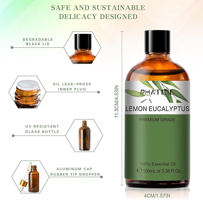 Lemon Eucalyptus 3.38fl.oz Essential Oil, PHATOIL Aromatherapy Essential Oils for Diffuser, Humidifier, Perfect for DIY Soap, Candle, Bath Bombs Making(100ml) - Bloomnest