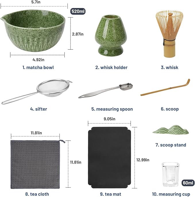 Matcha Whisk Set, 10-Pcs Matcha Kit, Bamboo Whisk and Bowl with Spout & Measuring Spoon & Cup, Japanese Tea Making Tools, Complete Matcha Gift Set for Starter, Mottled Green - Bloomnest