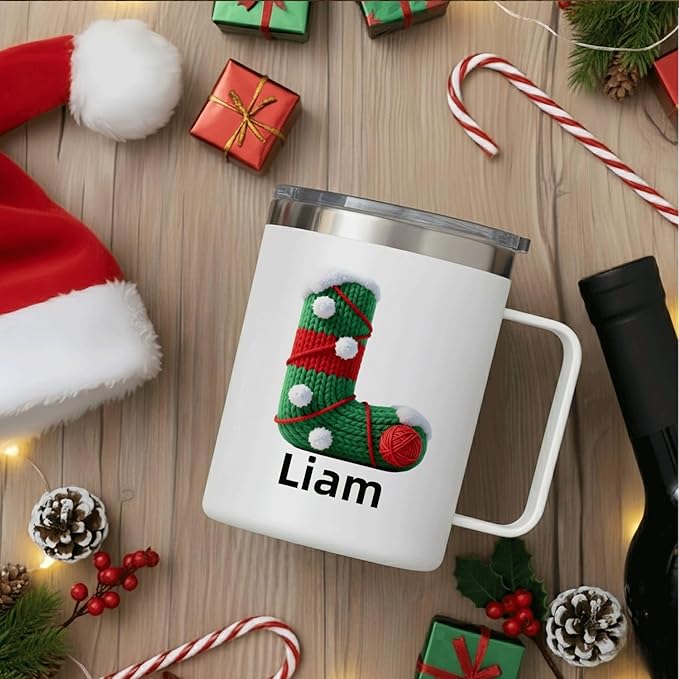 Personalized Christmas Mug | Custom Knitted Stocking Initial Insulated Coffee Cup with Handle & Lid | 12oz Cozy Holiday Tumbler, Unique Stocking Stuffer Gift(B11) - Bloomnest