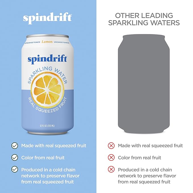 Spindrift Sparkling Water, Lemon Flavored, Made with Real Squeezed Fruit, 12 Fl Oz Cans, Pack of 24 (Only 3 Calories per Can) - Bloomnest
