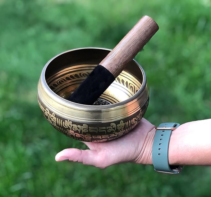Large Tibetan Singing bowl Set - Bronze Style - Easy To Play - 5" Sound Yoga Bowl Mantra Design Mindfulness Meditation Healing Sound Gift By Himalayan Bazaar - Bloomnest