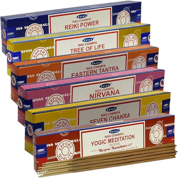 Satya Incense Sticks Variety Pack #6 and Incense Stick Holder Bundle with 6 Spiritual Fragrances TRUMIRI