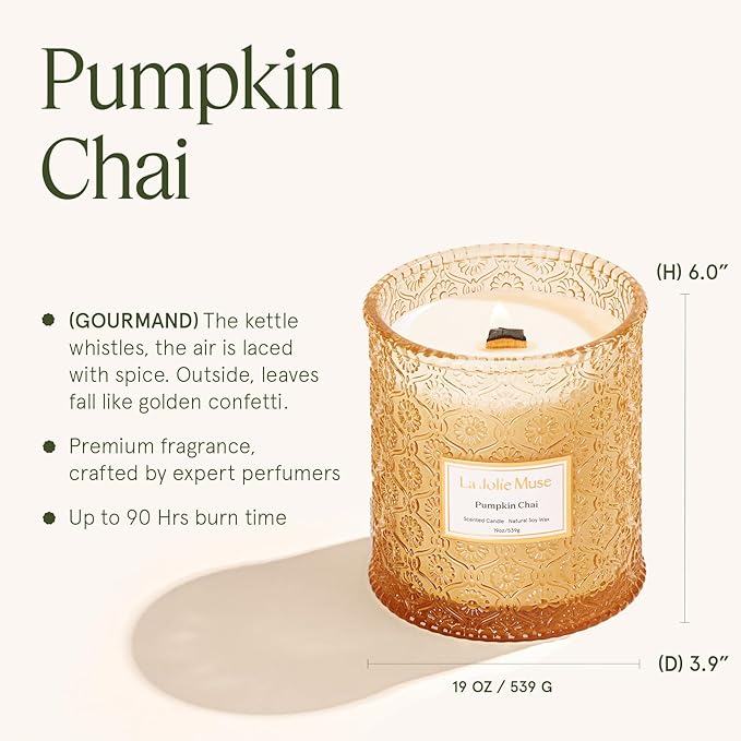 LA JOLIE MUSE Pumpkin Candle, Fall Candles for Home Scented, 19 oz Large Wood Wicked Candles, Natural Soy Candle Gifts for Men&Women, 90 Hours Long Burning, Pumpkin Chai - Bloomnest