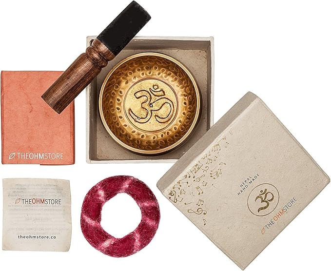 Ohm Store Tibetan Singing Bowl and Lokta Journal Set — Handcrafted Nepali Meditation Sound Bowl Self Care Gift for Stress Relief, Spiritual Chakra Healing, and Mindfulness