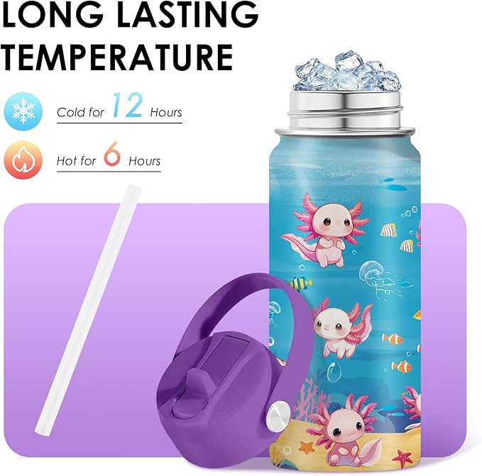 Axolotl Gifts for Girls 16 oz Kids Water Bottle with Straw Lid, Stainless Steel Insulated Tumbler, Leak Proof, BPA-Free,Adorable Ocean Animal Mug Cup for Sports,Travel Children Birthday Gifts (1pc) - Bloomnest