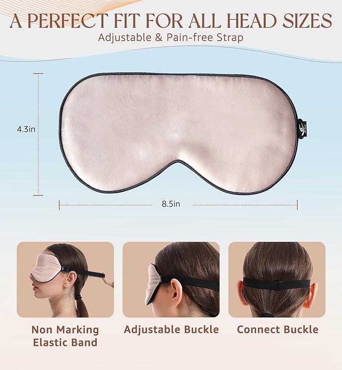 HiRui Silk Sleep Mask, 100% Natural Mulberry Silk of Double-Sided & Inner-Filling, Ultra-Smooth Soft, Adjustable Strap, Blocks Light for Night Sleeping, Travel, Office Naps (Pink) - Bloomnest