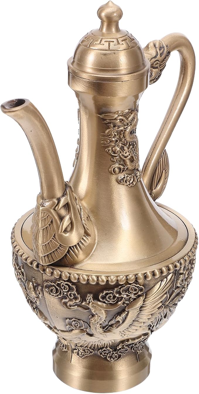 LOGOFUN Vintage Dragon Embossed Brass Tea Pot 300ml Chinese Retro Kettle for Coffee Serving Decor - Bloomnest