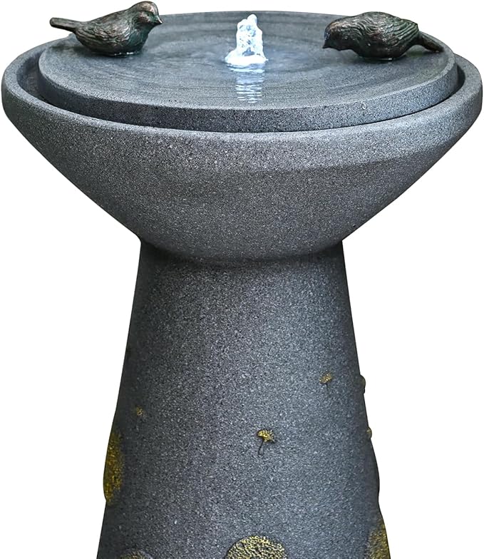 30.7" Outdoor Garden Floor-Standing Water Fountain with LED Light and Pump, Two Birds Embossed Pattern Pedestal Ceramic Watefall for Patio, Backyard, Deck, Porch and Home Art Decor (30.7" Two Birds)