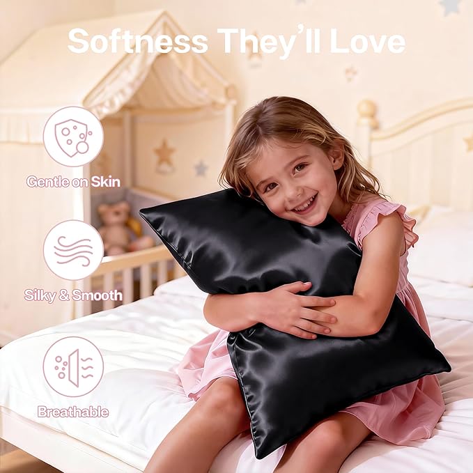 MR&HM Satin Pillowcase for Hair and Skin, Silk Satin Pillowcase 2 Pack, Toddler Size Pillow Cases Set of 2, Silky Pillow Cover with Envelope Closure (13x18, Black) - Bloomnest