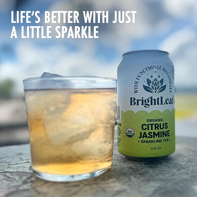 BrightLeaf Regenerative Organic Sparkling Tea, Citrus Jasmine, 12 oz Cans (Pack of 12) – Zero Sugar & Zero Calories – Organic Herbal Tea Drink – Mood-boosting ingredients – Craft Brewed Botanical Beverage - Bloomnest