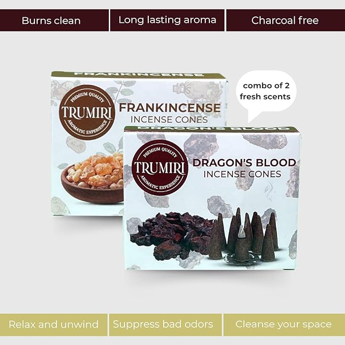 TRUMIRI Incense Cones Combo Pack - 20 Cone Incense - 10 Dragons Blood + 10 Frankincense TRUMIRI