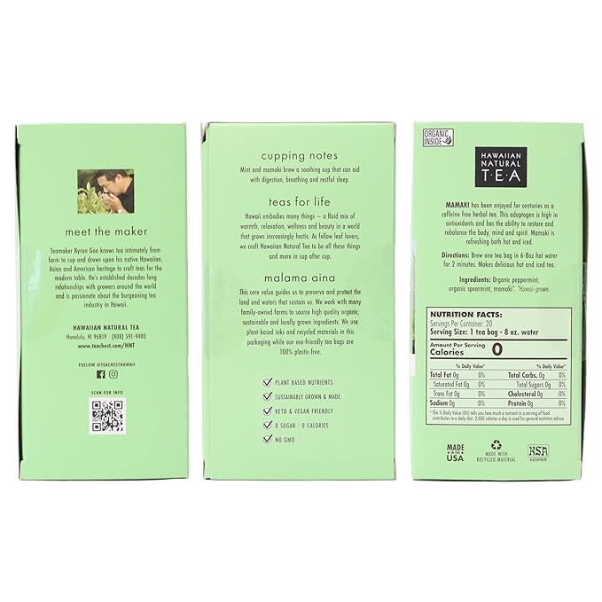 Hawaiian Natural Tea Organic Mamaki Mint Tea Blend - Caffeine Free, Herbal, Antioxidant-Rich For Calming, Wellness, Bedtime, Anxiety & Stress - Gift for Special Ocassions, 20 Bags - Bloomnest