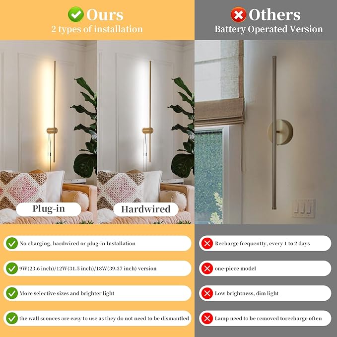 Dimmable Plug in Wall Sconce Set of 2, Gold 39.37" LED Wall Light with Remote, Adjustable Color Temperature Brightness Wall lamp with Timer for Living Room,Bedroom and Accent Lighting - Bloomnest