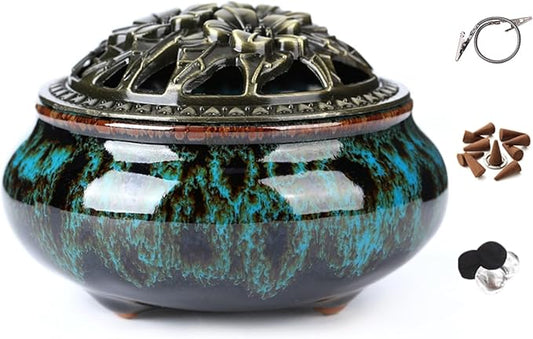 Censer Sky Blue Incense Burner with Calabash Incense Stick Holder - Porcelain Charcoal Censer for Use with Resin Granular Powder Cone or Coil Incense (Blue Fambe) - Bloomnest