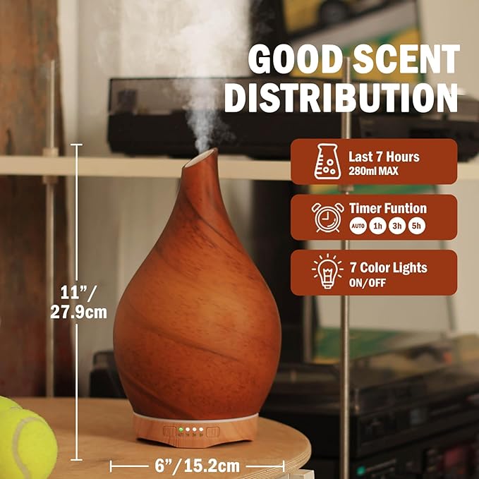 Porseme 280ml Essential Oil Diffuser Glass Color Changing Aroma Air Diffusers Aromatherapy Ultrasonic Cool Mist Humidifier 7 Running Hours Waterless Auto-Off for Sleeping Yoga Office Spa(Caramel) Porseme