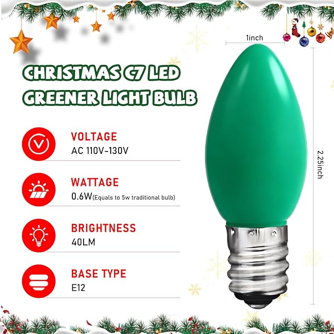 C7 Green LED Light Bulb,25 Pack 0.6w C7 Ceramic Replacement Christmas Lights with E12 Base,Green Outdoor Light Bulb for Chandelier Window Candle Christmas String Lights - Bloomnest