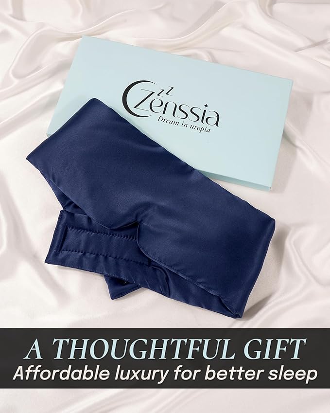 Zenssia Satin Sleep Mask for Women and Men, Lightweight Padded Eye Mask with Adjustable Strap, Comfort Blackout for Travel and Nap - Navy Blue