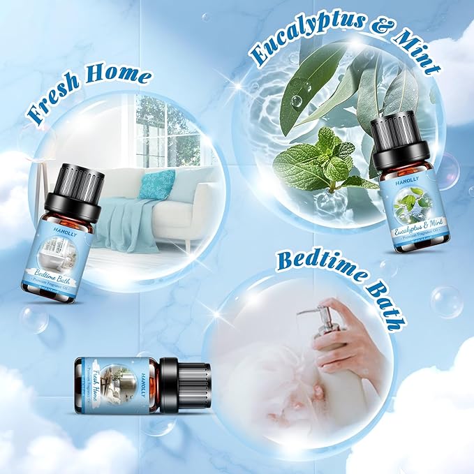 Essential Oils Set, Clean Scents Fragrance Oil Aromatherapy Essential Oils Kit for Diffuser (6x10ML) - Baby Powder, Bedtime Bath, Clean Cotton, Eucalyptus & Mint, Fresh Home, Fresh Linen Scented Oil - Bloomnest