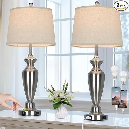 30" Tall Silver Table Lamps Set of 2 for Living Room, 3-Way Dimmable Touch Control Bedside Lamps for Bedroom Nightstand with USB A+C Ports & AC Outlet (2 LED Bulbs Included) - Bloomnest