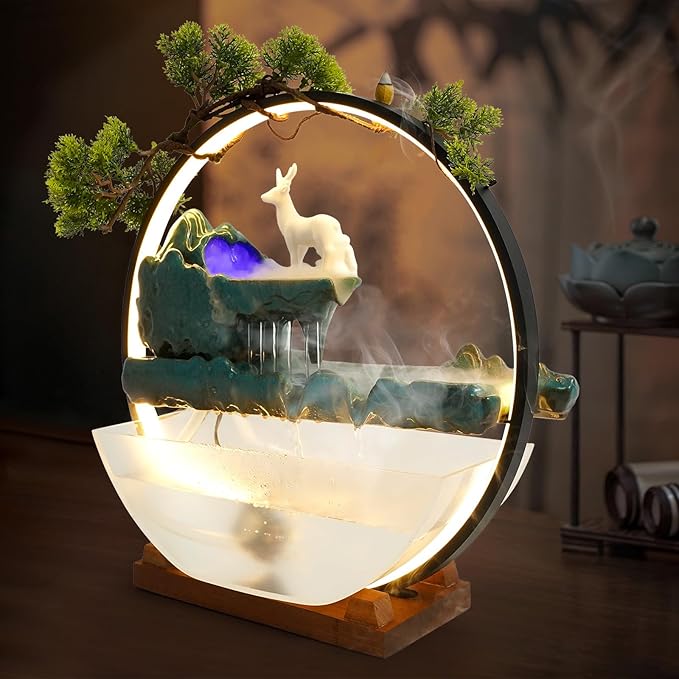 Tabletop Decoration Water Fountains Indoor Waterfall Fountains Humidifie with LED Light and Atomizer, Japanese Zen Decor for Meditation Fake Plants Bonsai Gift Feng Shui Decor - Bloomnest