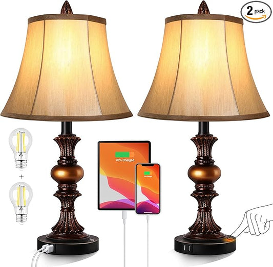 Touch Control Traditional Table Lamp Set of 2, Vintage Bedside Lamps with Dual USB Charging Ports, 3-Way Dimmable Bronze Finish Desk Lamps with Bell Shape Faux Silk Shade for Living Room, Bedroom - Bloomnest