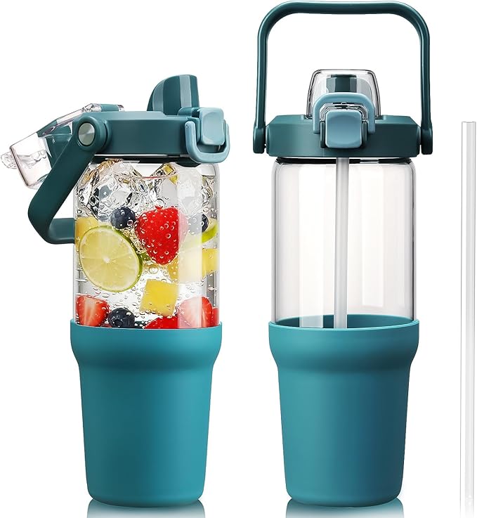 Glass Tumbler with Carry Handle, Clear Glass Water Bottle with Leakproof Lid, Spout Lid&Straw, BPA-Free, 32 oz, Peacock Blue - Bloomnest