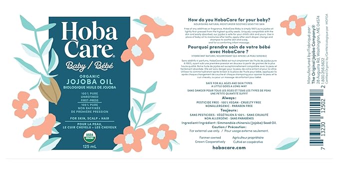 HobaCare Organic Jojoba Baby Oil with Pump – 100% Pure Natural Unrefined Unscented Cold Pressed Jojoba Oil for Baby Hair, Infant Skin, Body Care (4.22 oz) - Bloomnest