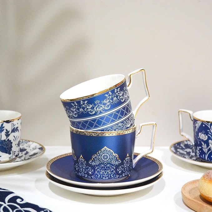 ACMLIFE Bone China Tea Cups and Saucers Set of 4, 6.8 oz Blue and White Tea Cups Set of 4, with Gold Trim and Gift Box (Blue-4) - Bloomnest
