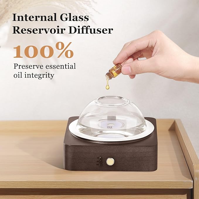 Glass Essential Oil Diffuser with Glass Reservoir & WoodBase, 200ml Ultrasonic Lock Color Timer Auto-Off 7 Color Light Aroma Glass Dome Diffuser for Home Office Bedroom Yoga - Dark Brown - Bloomnest