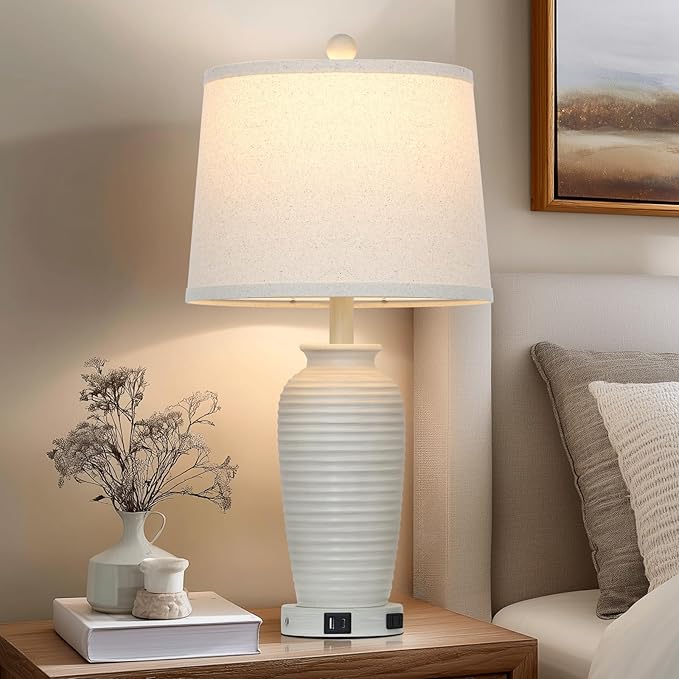 25" Vintage Farmhouse Jar Table Lamps, Single Rustic Bedside Lamp with USB A+C Ports & AC Outlet, Nightstand Lamps for Living Room, Bedroom, End Table, Cream(LED Bulb Included) - Bloomnest