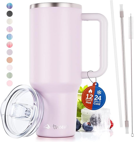 40 oz Tumbler With Handle and Straw Made of Stainless Steel - Double Wall Vacuum Insulated Tumbler With Lid - Sweat Proof Easy Grip, BPA-Free, Dishwasher Safe Tumbler (Orchid) - Bloomnest