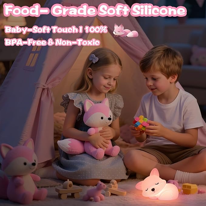 YuanDian Fox Night Light for Girls, Squishy Fox Silicone Lamp Novelty Gifts, Rechargeable Dimmable Timer Bedside Touch Nightlight for Breastfeeding Toddler Baby Kids - Bloomnest