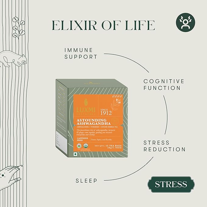 Luxmi Estates Astounding Ashwagandha Organic Ashwagandha Tea (25 Tea Bags) Caffeine Free Tea Bags For Sleep, Relaxing, Calming, and Stress Relief, With Certified Organic Herbal Tea - Bloomnest