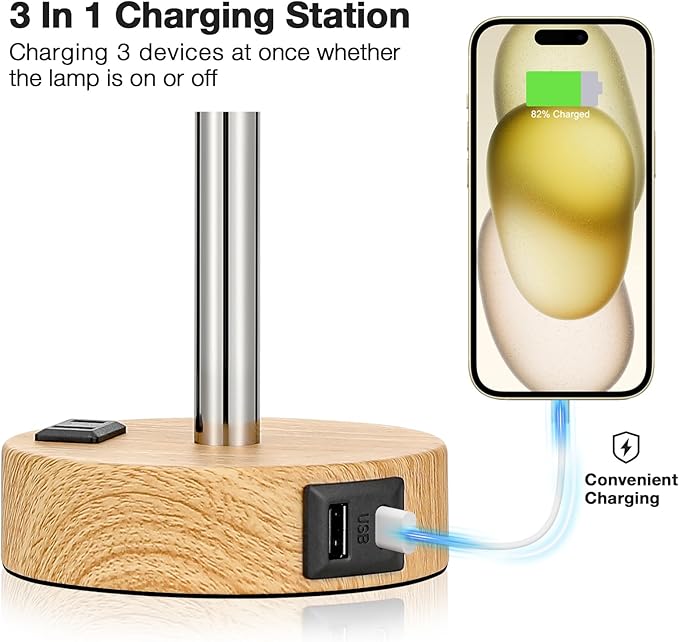 Fenmzee Bedside Table Lamp for Bedroom - 3 Way Dimmable Touch Lamp USB C Charging Ports and AC Outlet, Small Lamp Wood Base Round Flaxen Fabric Shade for Living Room, Desk, LED Bulb Included - Bloomnest