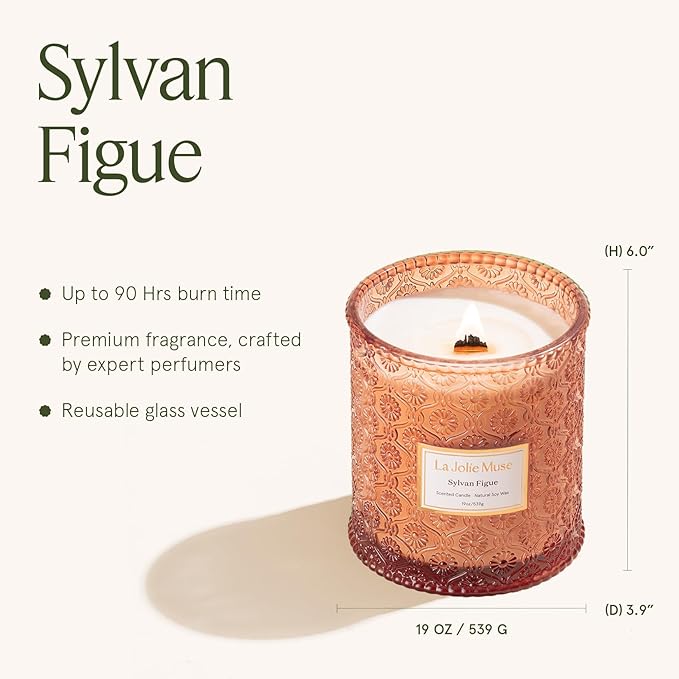 LA JOLIE MUSE Fall Candles - Sylvan Figue, Fig Leaf, Red Berries, Sandalwood | 19 oz Large Wooden Wick Candle | Natural Soy Wax | 90 Hours Clean Burn | Luxury Fig Candle | Gift-Ready for Hosts - Bloomnest
