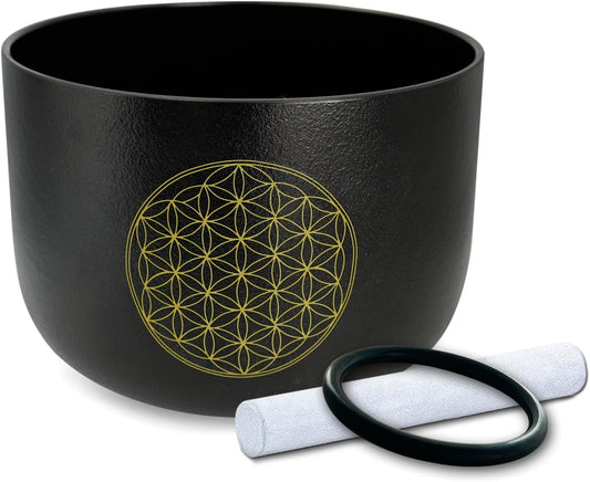 6" B Note Flower of Life Black Crystal Singing Bowl Frosted Quartz Crown Chakra Meditation Sound Healing Suede Striker O-ring